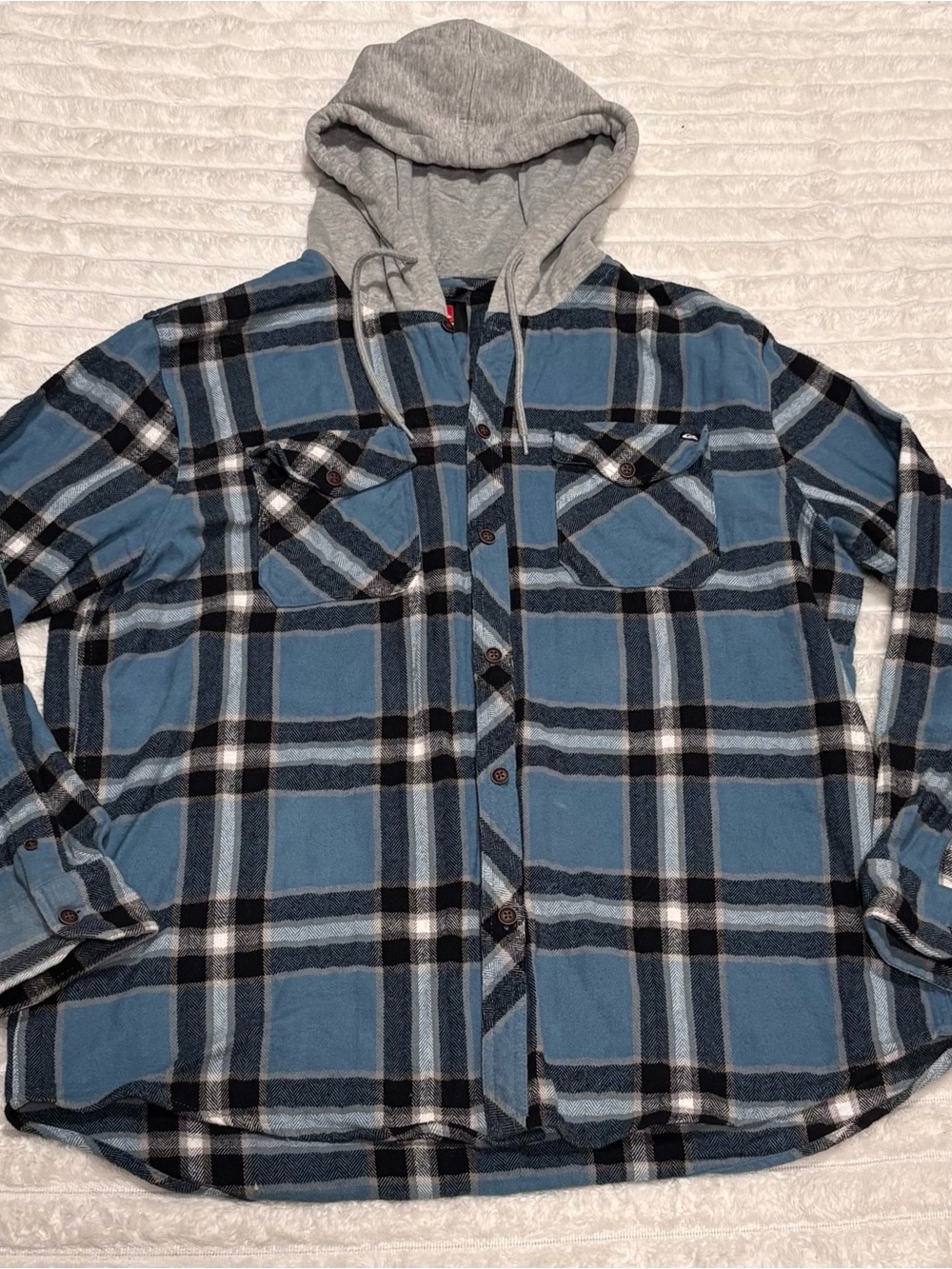Quiksilver Blue and Black Plaid Hooded Button-Down Shirt